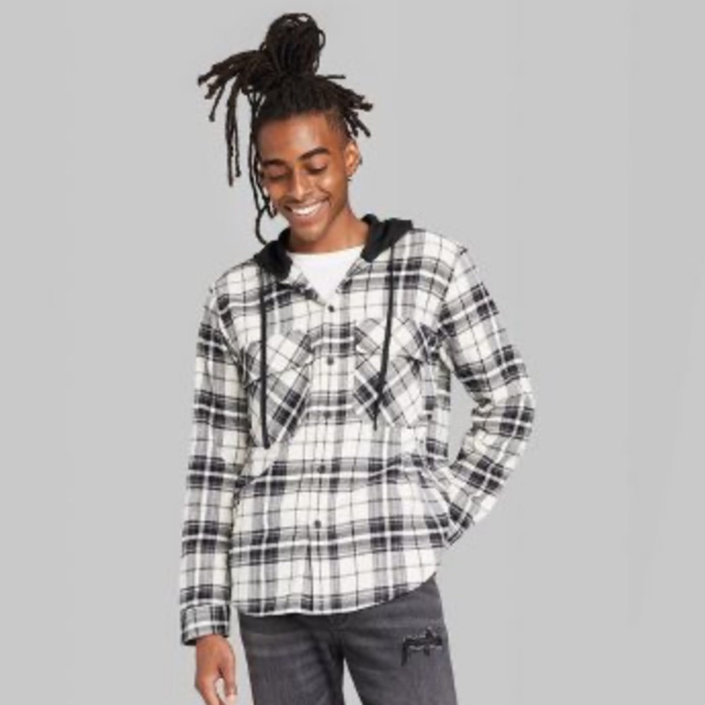 Original Use Black White Checked Plaid Hooded Button Down Shirt